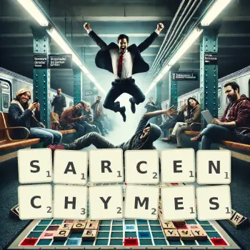 Creative illustration for a Scrabble game with the word SARCENCHYMES spelled out in tiles on the board.