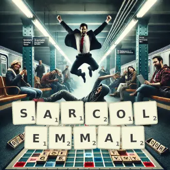 Creative illustration for a Scrabble game with the word SARCOLEMMAL spelled out in tiles on the board.