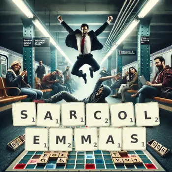 Creative illustration for a Scrabble game with the word SARCOLEMMAS spelled out in tiles on the board.