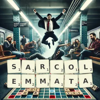 Creative illustration for a Scrabble game with the word SARCOLEMMATA spelled out in tiles on the board.