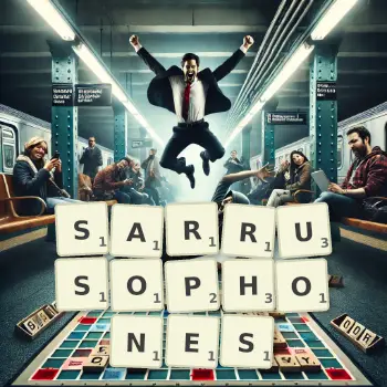 Creative illustration for a Scrabble game with the word SARRUSOPHONES spelled out in tiles on the board.