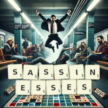 Creative illustration for a Scrabble game with the word SASSINESSES spelled out in tiles on the board.
