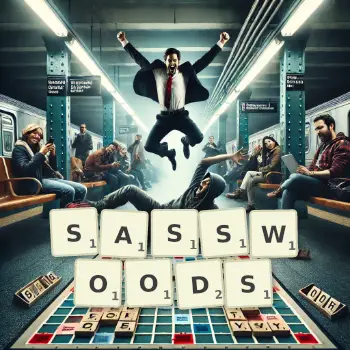 Creative illustration for a Scrabble game with the word SASSWOODS spelled out in tiles on the board.