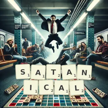 Creative illustration for a Scrabble game with the word SATANICAL spelled out in tiles on the board.