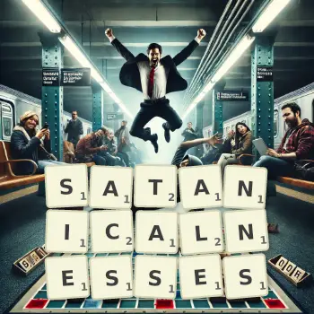Creative illustration for a Scrabble game with the word SATANICALNESSES spelled out in tiles on the board.
