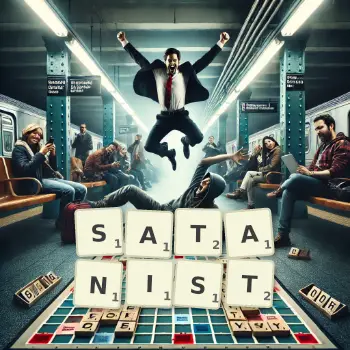 Creative illustration for a Scrabble game with the word SATANIST spelled out in tiles on the board.