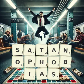 Creative illustration for a Scrabble game with the word SATANOPHOBIAS spelled out in tiles on the board.