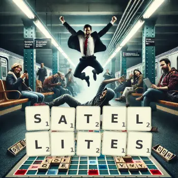 Creative illustration for a Scrabble game with the word SATELLITES spelled out in tiles on the board.