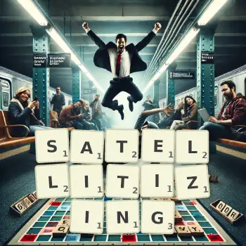 Creative illustration for a Scrabble game with the word SATELLITIZING spelled out in tiles on the board.