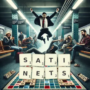 Creative illustration for a Scrabble game with the word SATINETS spelled out in tiles on the board.