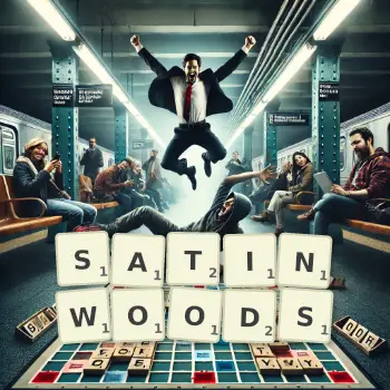Creative illustration for a Scrabble game with the word SATINWOODS spelled out in tiles on the board.