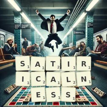 Creative illustration for a Scrabble game with the word SATIRICALNESS spelled out in tiles on the board.