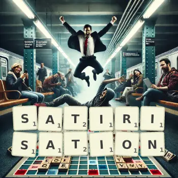 Creative illustration for a Scrabble game with the word SATIRISATION spelled out in tiles on the board.