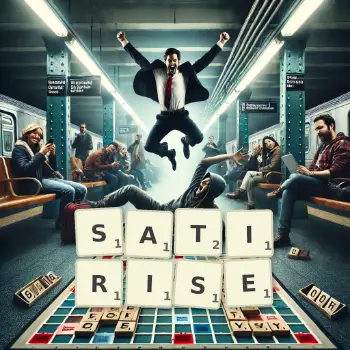 Creative illustration for a Scrabble game with the word SATIRISE spelled out in tiles on the board.
