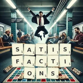 Creative illustration for a Scrabble game with the word SATISFACTIONS spelled out in tiles on the board.