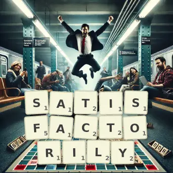 Creative illustration for a Scrabble game with the word SATISFACTORILY spelled out in tiles on the board.