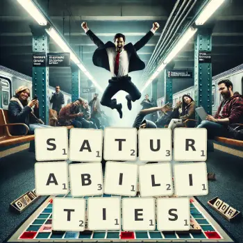 Creative illustration for a Scrabble game with the word SATURABILITIES spelled out in tiles on the board.