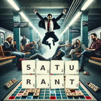 Creative illustration for a Scrabble game with the word SATURANT spelled out in tiles on the board.