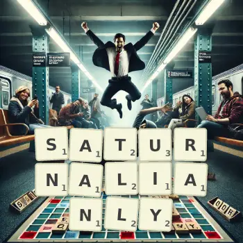 Creative illustration for a Scrabble game with the word SATURNALIANLY spelled out in tiles on the board.