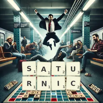 Creative illustration for a Scrabble game with the word SATURNIC spelled out in tiles on the board.