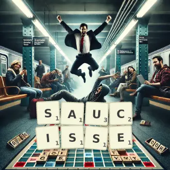 Creative illustration for a Scrabble game with the word SAUCISSE spelled out in tiles on the board.