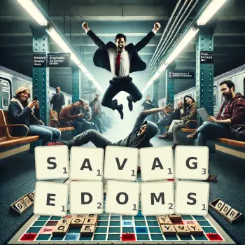 Creative illustration for a Scrabble game with the word SAVAGEDOMS spelled out in tiles on the board.