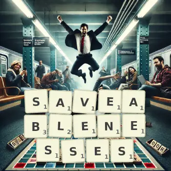 Creative illustration for a Scrabble game with the word SAVEABLENESSES spelled out in tiles on the board.