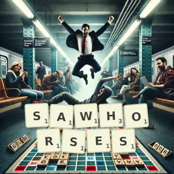 Creative illustration for a Scrabble game with the word SAWHORSES spelled out in tiles on the board.