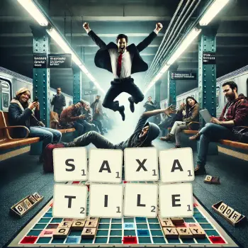 Creative illustration for a Scrabble game with the word SAXATILE spelled out in tiles on the board.