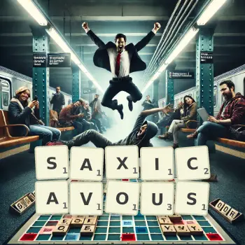 Creative illustration for a Scrabble game with the word SAXICAVOUS spelled out in tiles on the board.