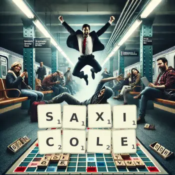 Creative illustration for a Scrabble game with the word SAXICOLE spelled out in tiles on the board.