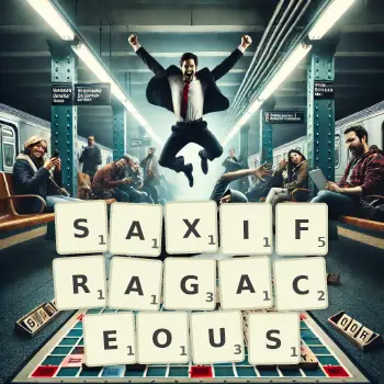Creative illustration for a Scrabble game with the word SAXIFRAGACEOUS spelled out in tiles on the board.