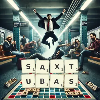 Creative illustration for a Scrabble game with the word SAXTUBAS spelled out in tiles on the board.