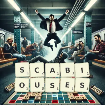 Creative illustration for a Scrabble game with the word SCABIOUSES spelled out in tiles on the board.