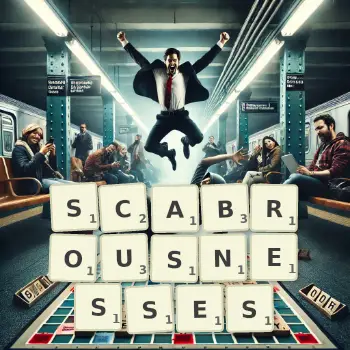 Creative illustration for a Scrabble game with the word SCABROUSNESSES spelled out in tiles on the board.