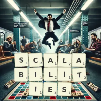 Creative illustration for a Scrabble game with the word SCALABILITIES spelled out in tiles on the board.