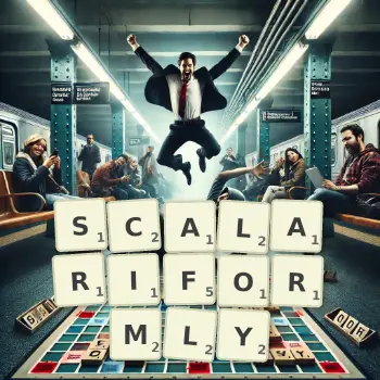 Creative illustration for a Scrabble game with the word SCALARIFORMLY spelled out in tiles on the board.