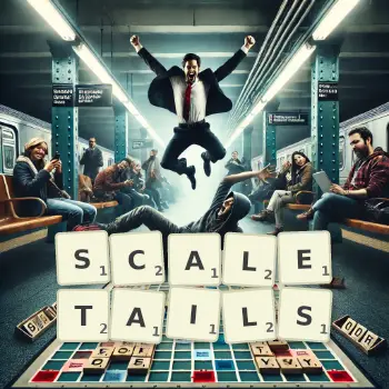 Creative illustration for a Scrabble game with the word SCALETAILS spelled out in tiles on the board.