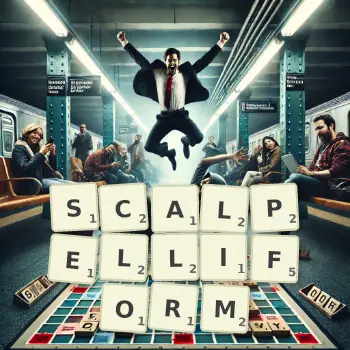 Creative illustration for a Scrabble game with the word SCALPELLIFORM spelled out in tiles on the board.