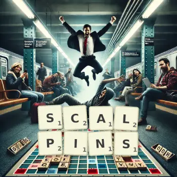 Creative illustration for a Scrabble game with the word SCALPINS spelled out in tiles on the board.