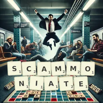 Creative illustration for a Scrabble game with the word SCAMMONIATE spelled out in tiles on the board.