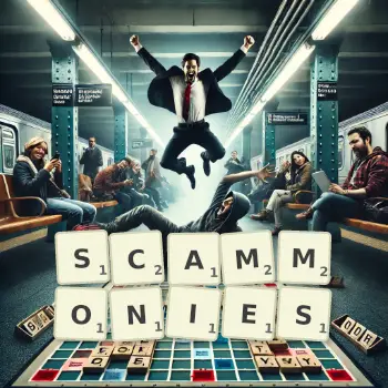 Creative illustration for a Scrabble game with the word SCAMMONIES spelled out in tiles on the board.