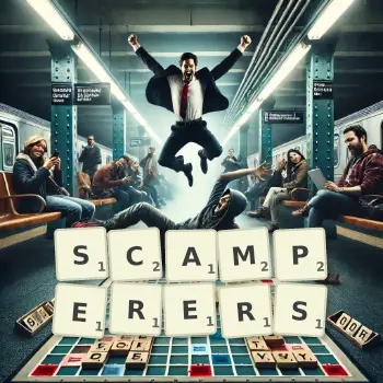 Creative illustration for a Scrabble game with the word SCAMPERERS spelled out in tiles on the board.