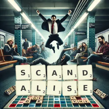 Creative illustration for a Scrabble game with the word SCANDALISE spelled out in tiles on the board.