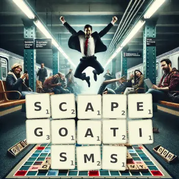 Creative illustration for a Scrabble game with the word SCAPEGOATISMS spelled out in tiles on the board.