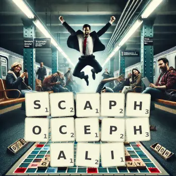 Creative illustration for a Scrabble game with the word SCAPHOCEPHALI spelled out in tiles on the board.