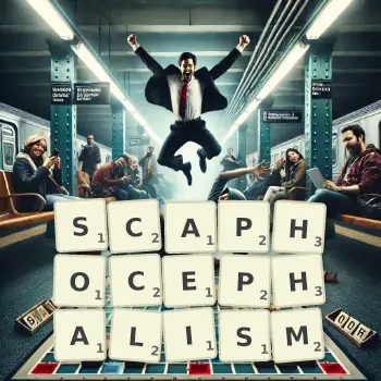 Creative illustration for a Scrabble game with the word SCAPHOCEPHALISM spelled out in tiles on the board.