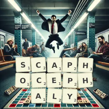 Creative illustration for a Scrabble game with the word SCAPHOCEPHALY spelled out in tiles on the board.