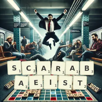 Creative illustration for a Scrabble game with the word SCARABAEIST spelled out in tiles on the board.