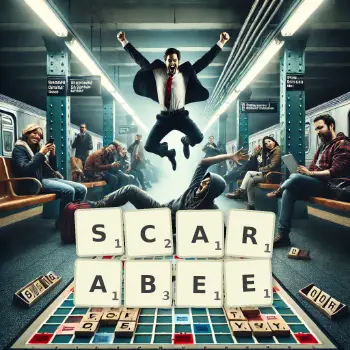 Creative illustration for a Scrabble game with the word SCARABEE spelled out in tiles on the board.